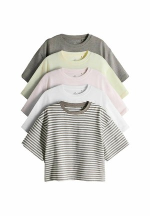 Pięć krótkich t-shirtów w różnych kolorach: szary, jasnożółty, różowy, biały oraz w paski szaro-białe; krótkie rękawy i okrągły dekolt.