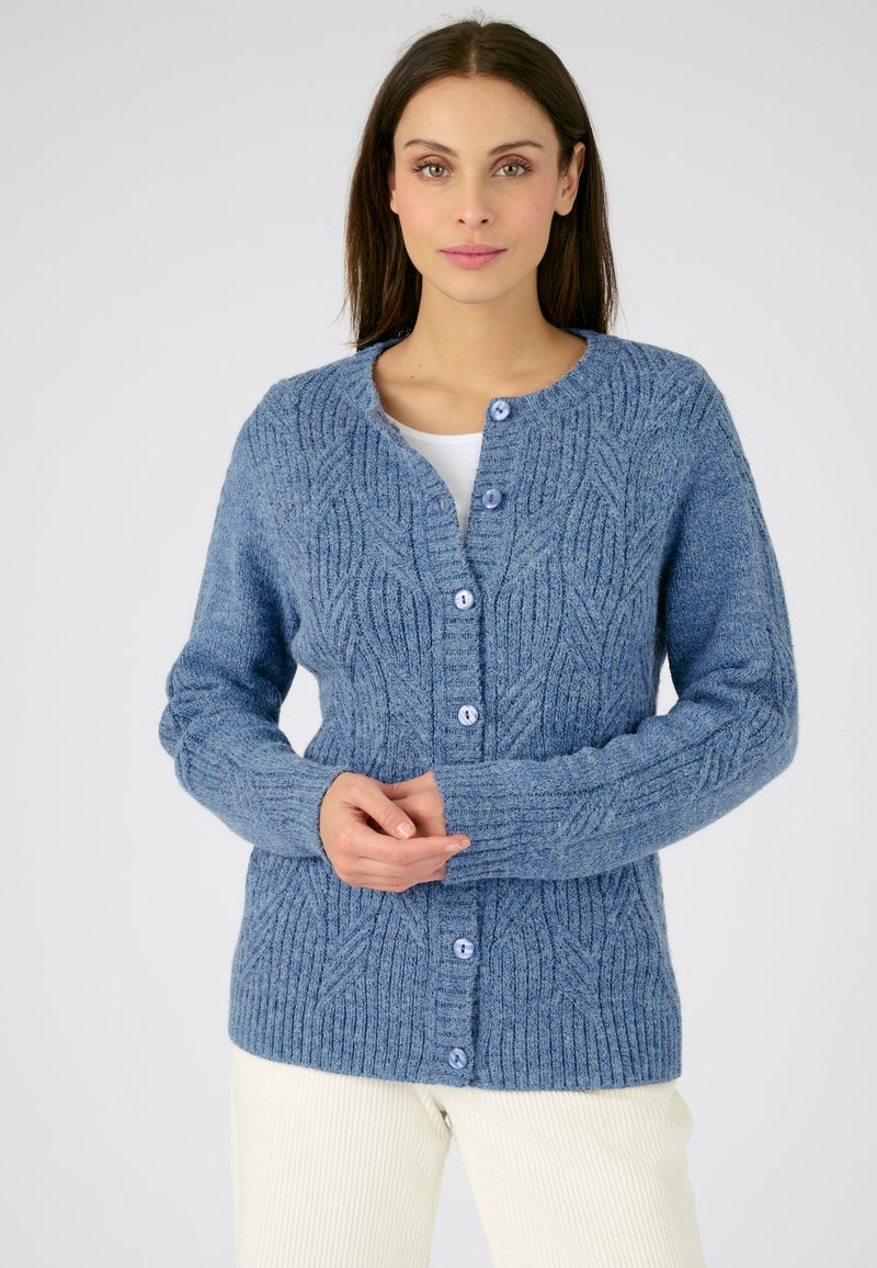 Cardigan en tricot bleu avec un motif texturé, cinq boutons, manches longues et col rond. Matériau doux avec des poignets et un ourlet côtelés.