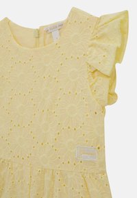 Žluté šaty s květinovou výšivkou, krátkými volánkovými rukávy, kulatým výstřihem a vícevrstvou sukní. Obsahují malou štítkovou značku blízko lemu.