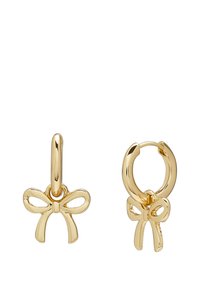 Boucles d'oreilles en or avec de petits accents en forme de nœud. Fini brillant, forme ronde et design de fermeture sécurisé. Présente un style délicat et minimaliste.