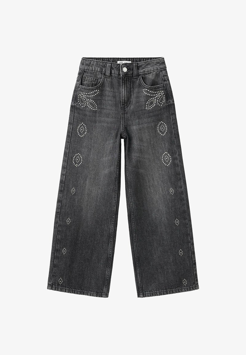 Jean noir à jambes larges avec motifs floraux en clous argentés sur les poches avant et le long des jambes, avec bouton et passants à la taille.