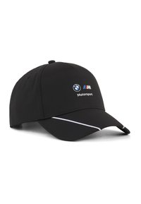 Čierny básebalový klobúk s zakriveným okrajom. Obsahuje logo BMW, značku M Motorsport a biely akcent vedľa okraja vizora.