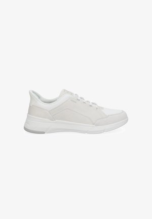 White low-top sneaker with lace-up closure, cushioned sole, and subtle panel detailing on the side.