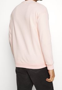 Sudadera de color rosa claro con puños y dobladillo acanalados, que presenta un diseño sencillo y una textura suave. Lleva puesta sobre pantalones de pana oscuros.