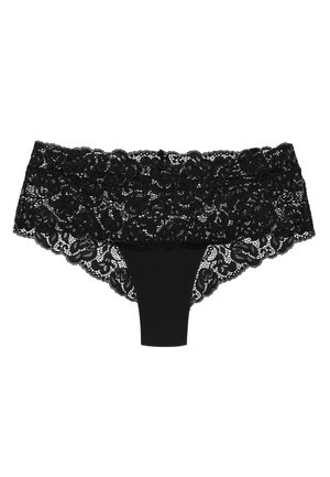 Chiloți hipster din dantelă neagră, cu un bandou lat din dantelă. Designul prezintă modele florale de-a lungul marginilor și o bază din material negru neted.