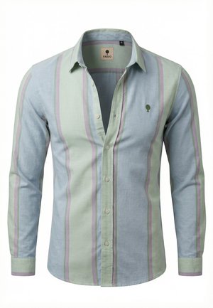 Chemise à manches longues avec boutons, rayures verticales vert pastel et bleu, et petit logo d'arbre sur le côté gauche de la poitrine.