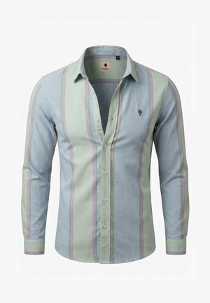 Overhemd met knopen en lange mouwen, bedrukt met verticale pastelgroene en blauwe strepen en een klein boomlogo op de linkerborst.