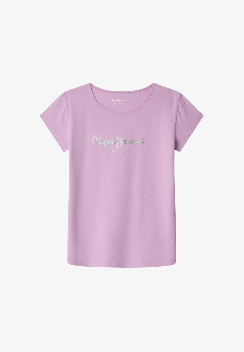 Šviesiai violetinė medvilnės marškinėliai, su trumpomis rankovėmis ir apvaliu iškirpimu. Sidabrinės blizgučių raidės "Pepe Jeans London" per krūtinę.