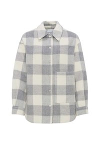 Chaqueta a cuadros hecha de tela suave y liviana en tonos grises y blancos. Con cuello, botones a presión y un bolsillo delantero.