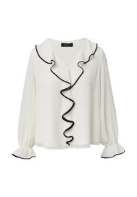 Weiße Bluse mit einem gerüschten Vorderteil und schwarzem Saum, langen Puffärmel mit gerüschten Manschetten und einem V-Ausschnitt. Glatte Stoffoberfläche.