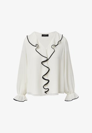 Balta palaidinė su raukšlėtu priekiu su juodu apvadu, ilgomis pūstomis rankovėmis su raukšlėtais riešais ir V formos iškirpte. Lygus audinio paviršius.