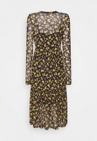 Robe midi noire à fleurs avec de longues manches transparentes, ornée de motifs de fleurs jaunes, un bodice ajusté et une jupe froncée.