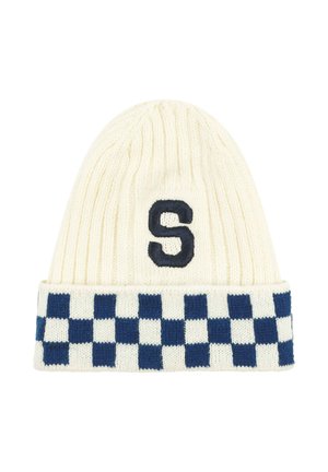 Bonnet en tricot crème avec une bande à carreaux marine et un "S" brodé à l'avant. Présente une texture côtelée pour la chaleur et un bon ajustement.