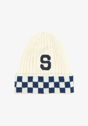 Strickmütze in Creme mit einem marineblauen karierten Band und besticktem "S" auf der Vorderseite. Verfügt über eine gerippte Textur für Wärme und Passform.