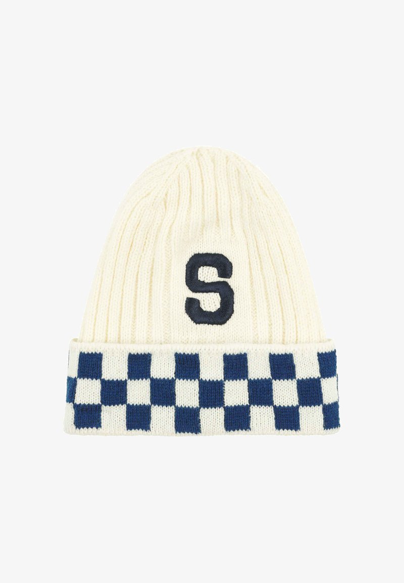 Beanie lavorato a maglia di colore crema con una banda a scacchi blu navy e una "S" ricamata sul davanti. Presenta una texture a costine per calore e vestibilità.