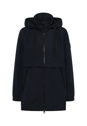 Veste à capuche navy avec fermeture éclair à l'avant, cordons ajustables et deux poches latérales zippées. Tissu lisse et coupe décontractée.