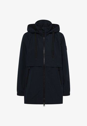 Marineblaue Kapuzenjacke mit Reißverschluss vorne, verstellbaren Kordeln und zwei seitlichen Taschen mit Reißverschlüssen. Glattes Material und lässige Passform.