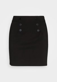 Mini-jupe noire taille haute avec six boutons décoratifs noirs disposés en deux rangées verticales à l'avant.