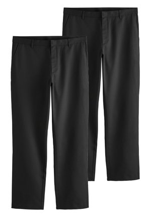 Twee paar zwarte rechte pantalonnek met ceintuurlussen en zijzakken, afgebeeld tegen een witte achtergrond.