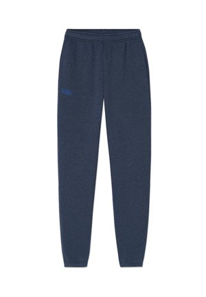 Navy blue sweatpants made of soft fabric, featuring an elastic waistband, side pockets, and a small logo in blue on the left thigh.