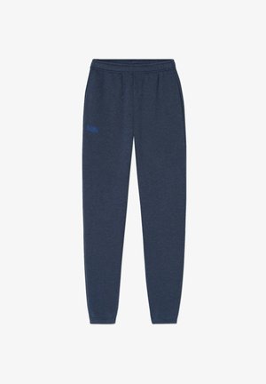 Pantalones de chándal azul marino hechos de una tela suave, con una cinturilla elástica, bolsillos laterales y un pequeño logo azul en el muslo izquierdo.