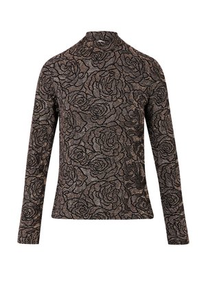 Maglia a maniche lunghe con collo alto, realizzata in tessuto testurizzato con un motivo nero e metallico rosa su uno sfondo scuro.