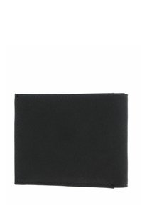 Black wallet made of smooth synthetic material. Rectangular shape with clean edges and minimal stitching. No visible patterns or hardware.