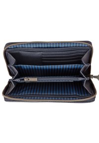 Black leather wallet with striped blue interior, multiple card slots, zippered compartment, and gold zipper. Rectangular design.