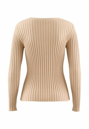 Beige ribbad tröja med långa ärmar och rund halsringning, med en texturerad tyg och vertikala ränder genom hela.