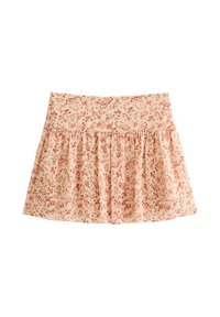 Béžová mini sukně s růžovým květinovým vzorem a nabíraným švem pod pasem, vytvářející rozšířený siluetu.