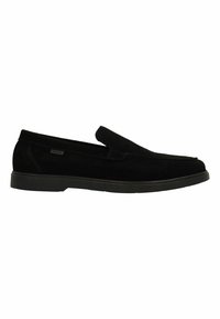 Chaussure noire en daim à enfiler avec un bout arrondi, semelle plate en caoutchouc, détails de couture minimalistes et sans matériel ni accents visibles.