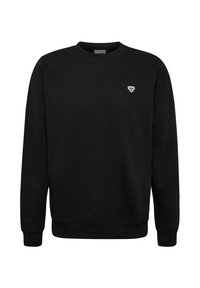 Felpa nera girocollo con maniche lunghe e piccolo logo bianco sul lato sinistro del petto.