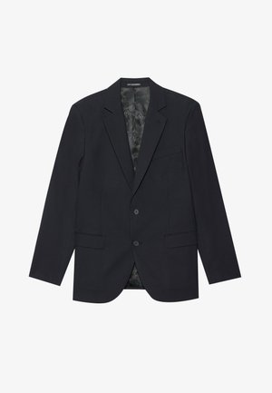 Blazer preto feito de tecido texturizado, apresentando um colarinho com lapelas, dois bolsos frontais, dois botões e um forro interior estampado.
