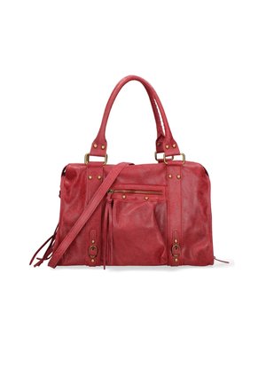 Red leather handbag featuring dual handles, gold hardware accents, a zippered front pocket, and side tassels. Smooth texture, structured design.
