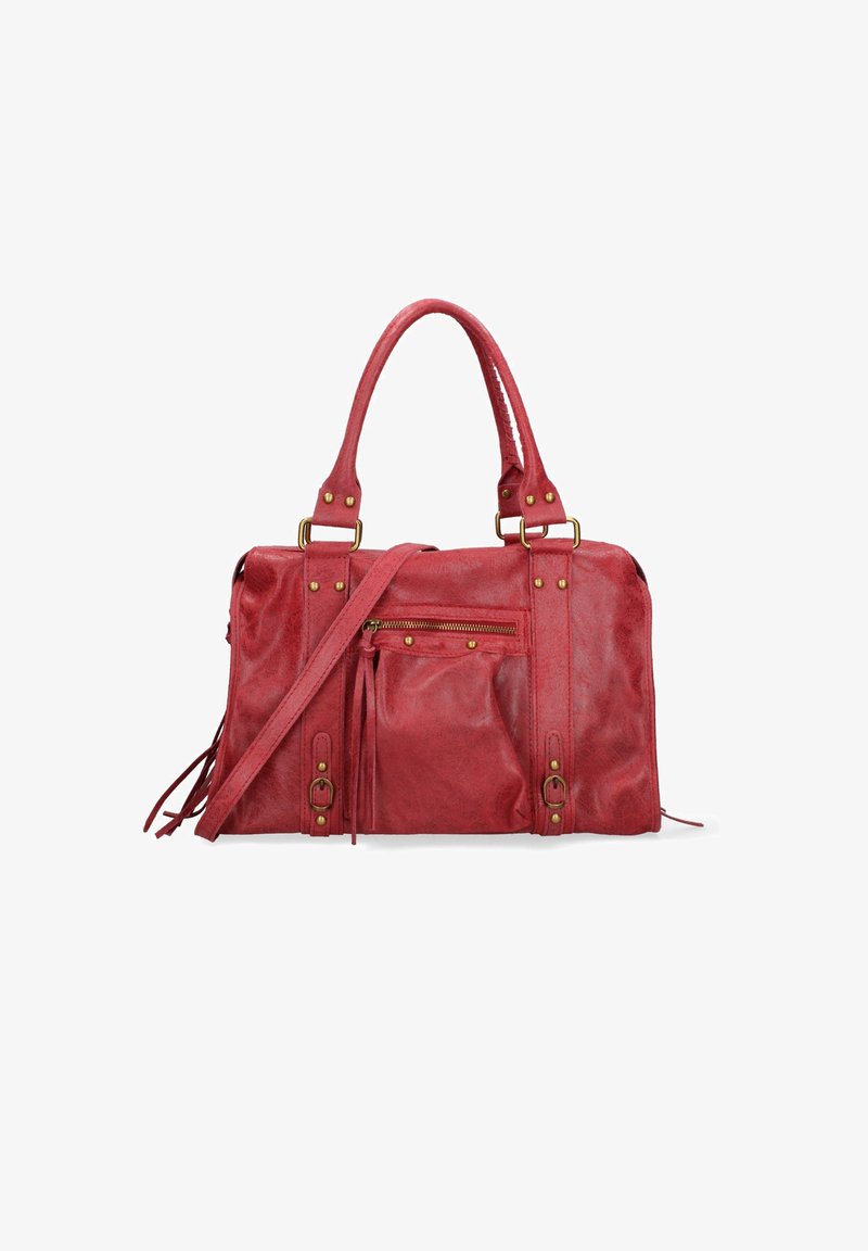Borsa a tracolla in pelle rossa con doppi manici, dettagli in oro, tasca anteriore con zip e nappine laterali. Texture liscia, design strutturato.