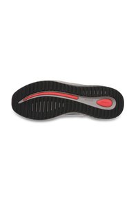 Black rubber sole with deep grooves, featuring a curved red accent. The design offers traction and stability for various surfaces.