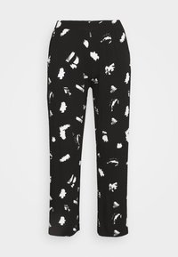 Pantalones negros con un patrón impreso de pinceladas blancas, tejido ligero, corte recto y cinturilla elástica para mayor comodidad.