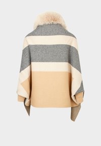 Poncho de punto en rayas beige, gris y crema con un cuello suave. Presenta mangas anchas y un corte holgado para mayor comodidad y fácil superposición.