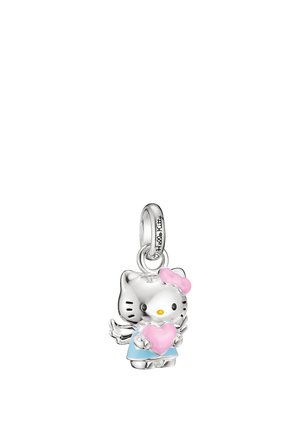 Charm Hello Kitty en argent avec un nœud rose et un cœur, portant une robe bleue et de petites ailes d’ange, tenant le cœur devant.