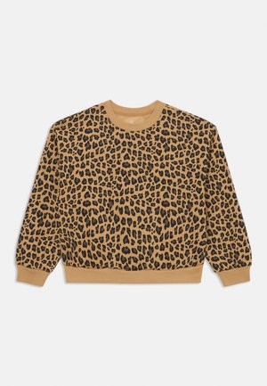 Felpa con stampa leopardata in tonalità beige e nera, caratterizzata da un collo rotondo, maniche lunghe, polsini e orlo a coste. Tessuto morbido.