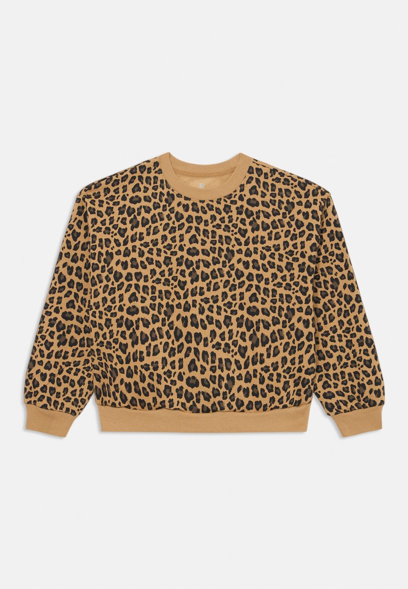 Felpa con stampa leopardata in tonalità beige e nera, caratterizzata da un collo rotondo, maniche lunghe, polsini e orlo a coste. Tessuto morbido.