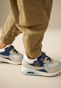 Blå og grå sneakers med en overdel i ruskind og mesh, der har et poteaftryk og et patch med en tegneseriefigur. Hvid mellemsål og sort ydersål.