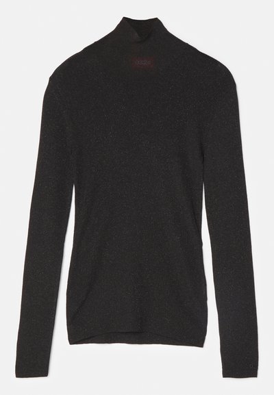 Turtleneck noir à manches longues en tissu doux avec un léger éclat. Présente une silhouette ajustée et un col haut.