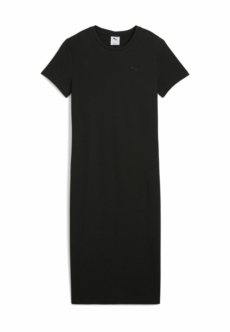 Robe noire à manches courtes en tissu doux, présentant une silhouette ajustée et un petit logo Puma sur la poitrine.