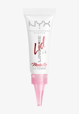 Weisse Tube von NYX Professional Makeup Lid Lingerie Metallic Eye Pigment mit pinker spitzer Applikatorspitze.