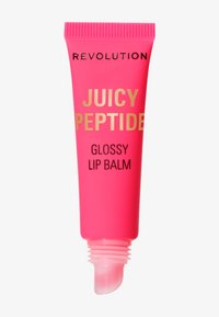 Lys pink tube med en rillet kork. Teksten sier "REVOLUTION JUICY PEPTIDE GLOSSY LIP BALM" i gull og svart. Klar produktspiss synlig.