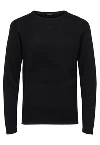 Pull noir à manches longues avec un design en rib Court texturé, décolleté rond et coupe régulière. Tissu doux, sans logos ni embellissements visibles.