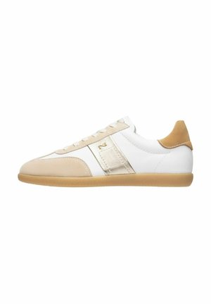 White sneaker with beige suede accents, a textured fabric stripe, and a rubber sole, featuring a lace-up design and minimal branding.