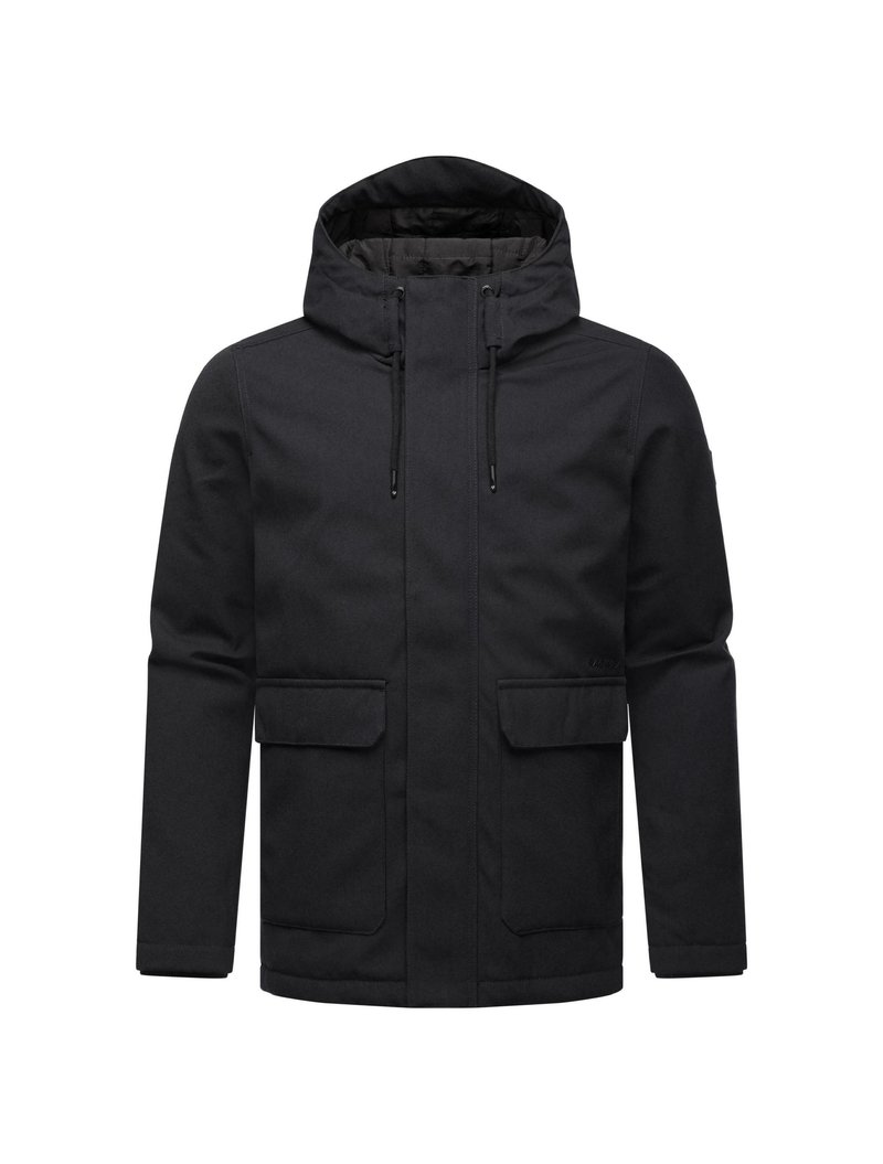 Black hooded jacket with a zip front, two large flap pockets, and drawstring at the hood. Features a smooth, textured fabric finish.