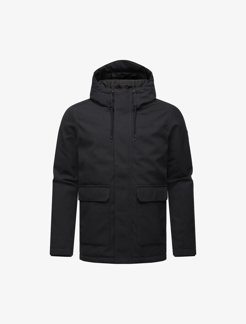 Svart hettejakke med glidelås foran, to store klafflommer og snøring i hetten. Har en jevn, teksturert stofffinish.